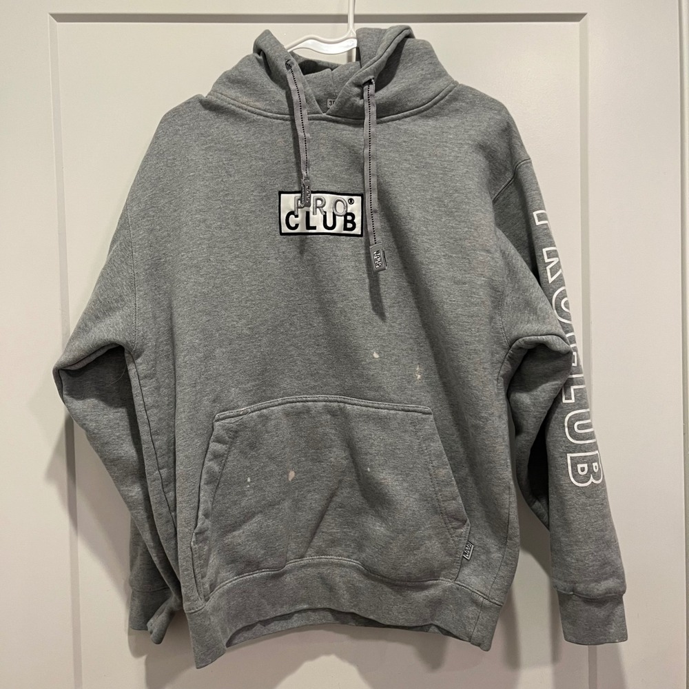 Pro Club Heavyweight Hoodie Mens Medium Gray Box Logo Sleeve Graphic Pullover